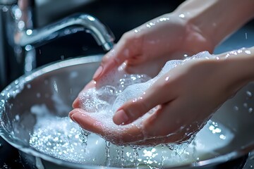 Fototapeta premium A person washes his hands with soap and water under the tap, hand washing