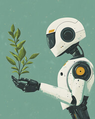 Humanoid AI robot with a sleek white design presenting a fresh green branch. Robotics and environmental sustainability concept.