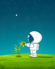 Modern artificial intelligence android offering a plant twig against a minimalistic blue background. Future technology and ecology connection.
