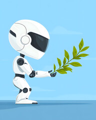 Futuristic white robot holding a green plant branch on a blue sky background. Concept of technology and nature harmony.