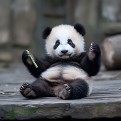 Obraz premium Happy baby panda eating bamboo, sanctuary enclosure