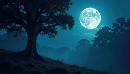 Fototapeta premium Eerie moonlight bathes ancient trees, shadows dance , night sky, insects, canopy