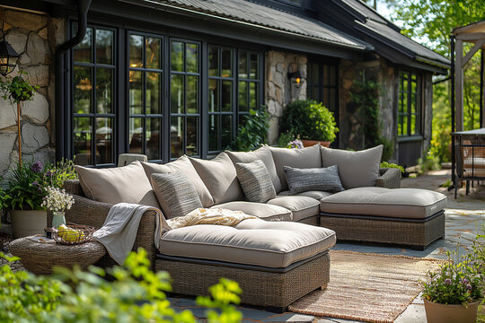 A patio with a couch and a couple of chairs - Powered by Adobe