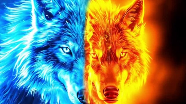 Breathtaking Fire and Ice Wolf Live Wallpaper Video &ndash; Fiery and Frosty Elemental Wolf with Glowing Eyes in Stunning Fantasy Digital Art Animation