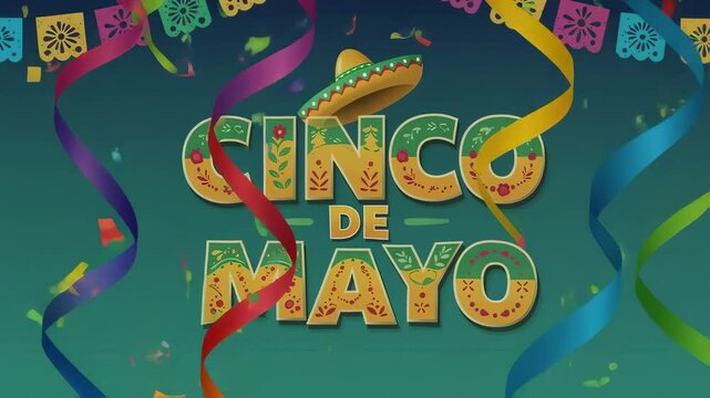 Festive Cinco de Mayo animation with colorful text, sombrero, and papel picado banners. Mexican holiday celebration graphic for greeting card