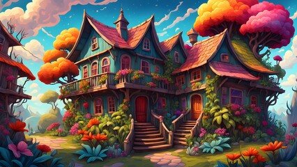 Fototapeta premium A whimsical illustration depicts a charming teal cottage nestled amongst lush autumnal foliage, featuring vibrant flowers a red door.