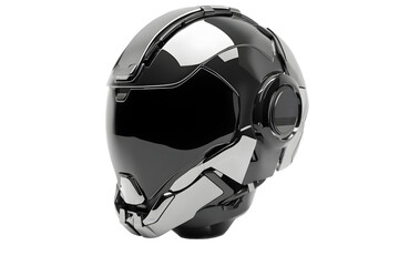 Futuristic black sci-fi helmet with sleek cybernetic design, isolated on white background. High-tech, AI-powered, robotic headgear for virtual reality, gaming, space exploration, and cyberpunk themes.
