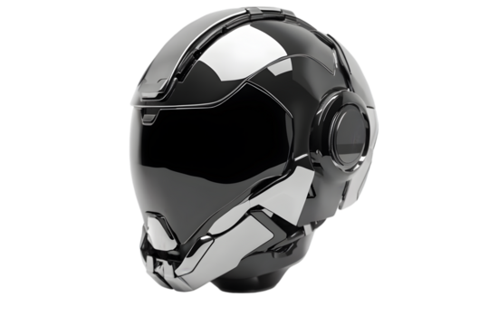 Futuristic black sci-fi helmet with sleek cybernetic design, isolated on white background. High-tech, AI-powered, robotic headgear for virtual reality, gaming, space exploration, and cyberpunk themes.
