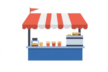 Fototapeta premium Food Stand with Red and White Awning Displaying Fresh Produce and Snacks for Market or Festival