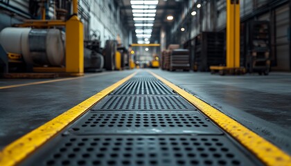 A long industrial hallway with yellow lines and machinery