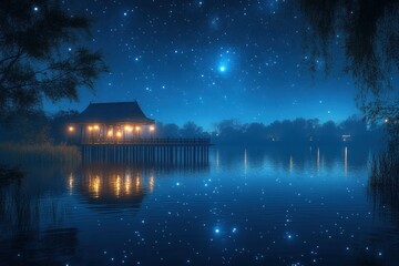 Fototapeta premium Starlit Lakeside Pavilion at Night