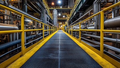 A long industrial walkway surrounded by pipes and metallic equipment