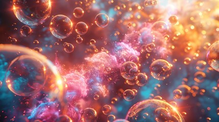 Colorful bubbles in a vibrant, swirling cosmic dust background