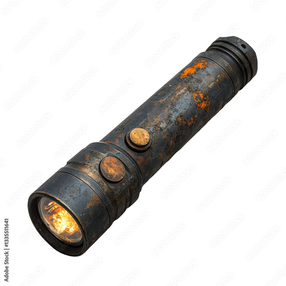 Poster detailed view of a worn-out flashlight with rust, showcasing its texture and design