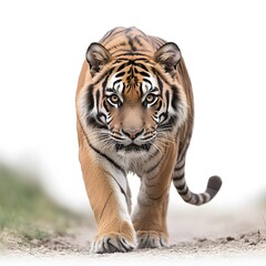 Obraz premium Majestic tiger walking toward camera on path, blurred background, wildlife photography