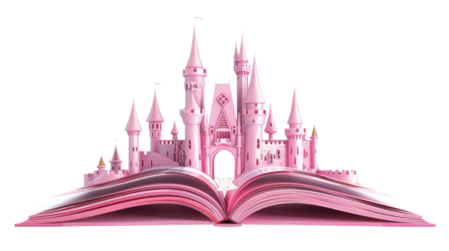 Pink fantasy castle emerging from open book on transparent background