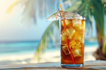 Tropical Long Island Iced Tea Cocktail with Blurred Beach Background and Copy Space