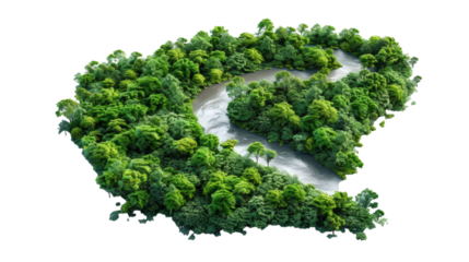 River flowing through a dense forest isolated on a white background