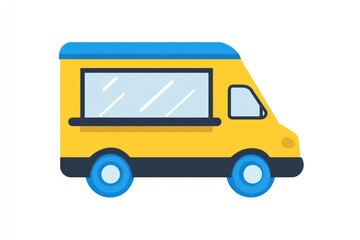 A vibrant yellow food truck with blue wheels and a serving window ideal for street food events