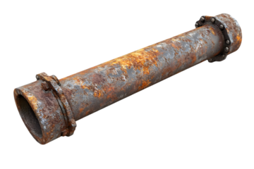 Rusty metal pipe with flanges, isolated on white background. Corroded industrial pipeline component with weathered texture, ideal for construction, engineering, plumbing, and industrial design project