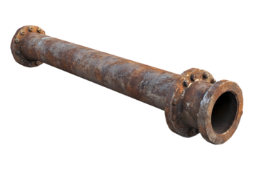 Old rusty metal pipe with flange ends, isolated on white background. Corroded industrial pipeline component, ideal for construction, engineering, plumbing, and industrial-themed design projects.

