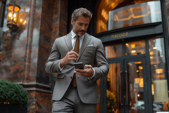 A man in a suit is looking at his cell phone