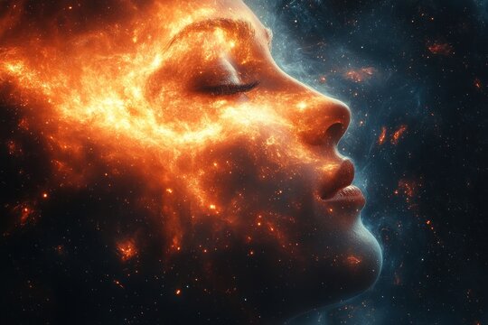 Cosmic woman's fiery face in space