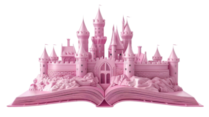 Pink castle emerging from open book on transparent background