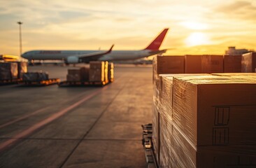 Global Cargo: Air Freight Packages Arrive at Sunset,  Efficiently Transported for Delivery