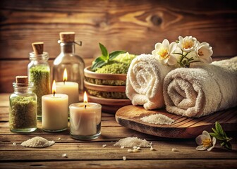 Vintage Spa Still Life: Relaxing Bath Salts, Towels, and Candles