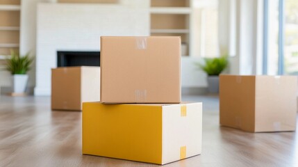 Moving Day Concept Packed Up Moving Boxes in Empty Living Room Showing the Personal Side of Selling a Home