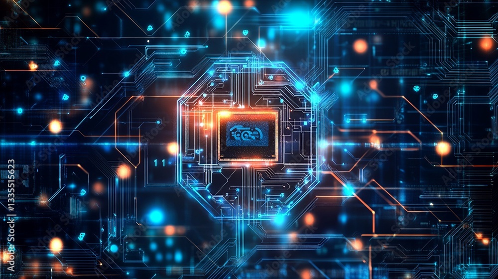 Poster abstract digital circuit board technology background blue orange glowing lines modern futuristic net
