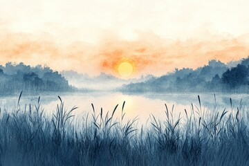 Fototapeta premium Misty Meadow at Dawn, Green meadows