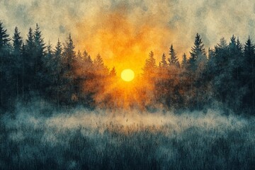 Fototapeta premium Misty Meadow at Dawn, Green meadows