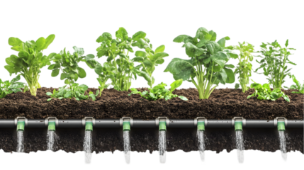 
"3D rendering of an irrigation system watering green crops, showcasing the healthy growth of vegetables and efficient farming techniques."

