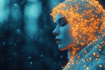 Ethereal portrait of a young woman with glowing lights in a winter setting, conveying emotions of serenity and magic amidst a cool blue background