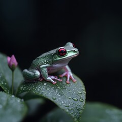 Obraz premium Red-eyed tree frog rainforest leaf dew nature macro