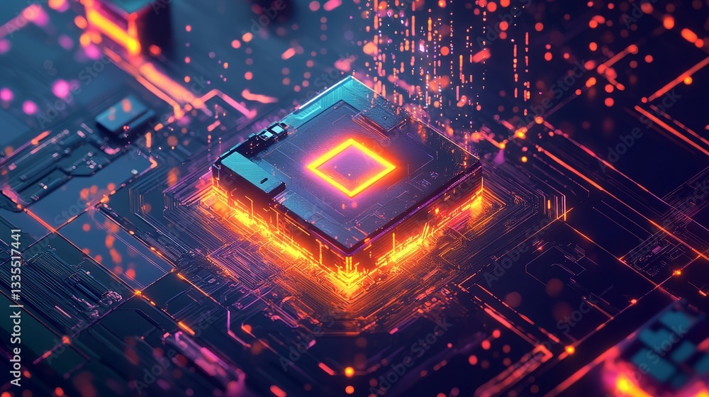 Poster abstract digital circuit board technology background orange neon glow futuristic modern design high 