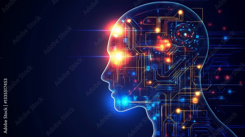Poster abstract digital human head artificial intelligence circuitry network technology futuristic brain ne