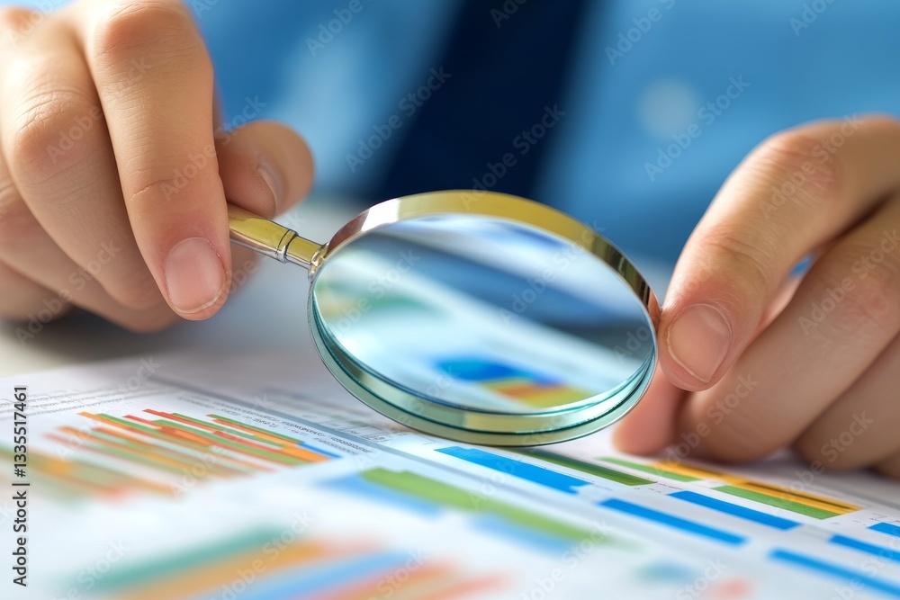 Poster close up of hands with a magnifying glass over a financial report with colorful graphs