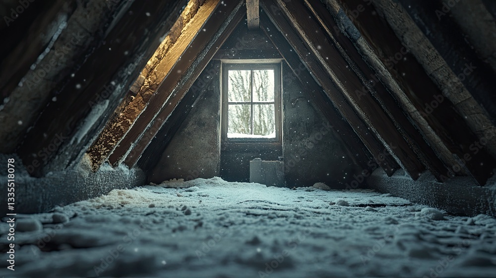 Aufkleber close-up view of an ancient attic with snow