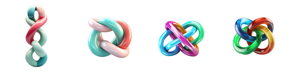 Four colorful abstract twisted shapes on a white background isolated on white or transparent