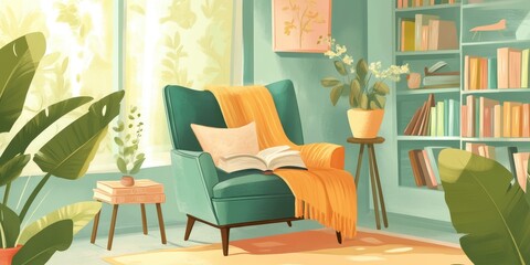 An inviting room with books and a comfortable reading chair