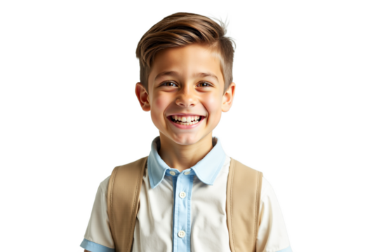 Smiling young schoolboy portrait with backpack, isolated on white background. Back to school concept, cheerful studio shot. Isolated on transparent background.