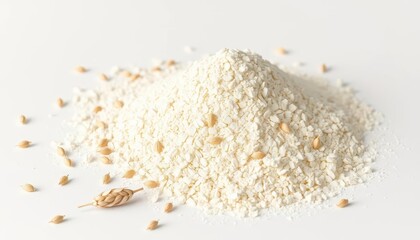 A mound of unbleached wheat flour with several wheat spikelets scattered on a pristine white background,  food photography, close-up