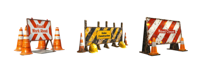 Road Work Ahead Signage with Traffic Cones and Construction Barriers