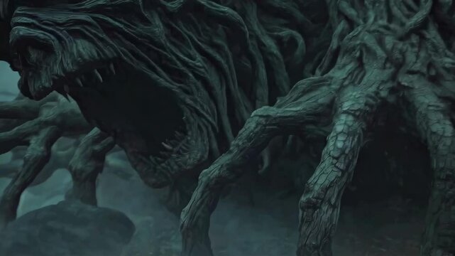 Supernatural forest creature with textured bark-like skin, multiple eyes, and root-like appendages positioned in dark green misty woodland with bare trees