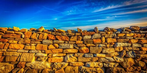 Vintage Stone Wall, Blue Sky - Rustic Background Stock Photo