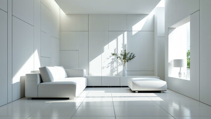 Fototapeta premium A sophisticated minimalist interior with a white-on-white palette, sleek furniture, and soft natural lighting. The clean walls, geometric shapes, and uncluttered decoc create a serene and timeless.