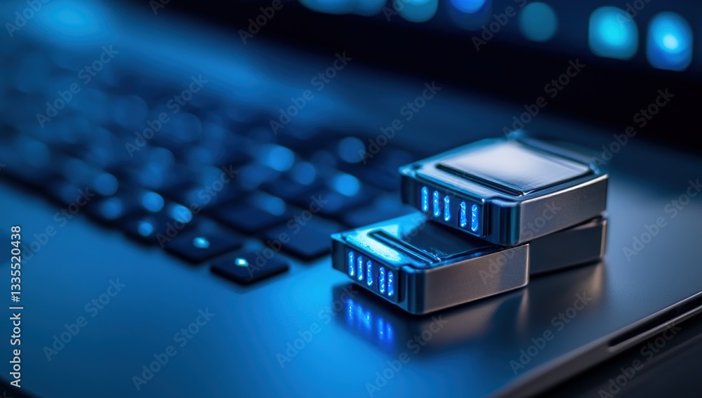 Poster exploring advanced data storage: high-capacity drives on laptop, enhancing digital security and priv